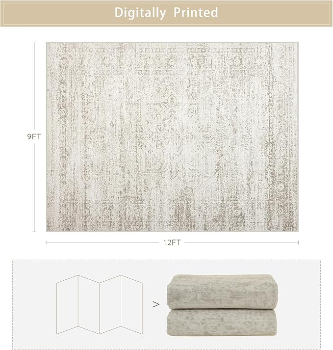 Washable Rugs 9x12 Area Rugs for Living Room,Rugs for Bedroom, Large Carpets,Ultra Soft Faux Wool Retro Dining Room Rug,Non Slip&Non-Shedding Low Pile Vintage Print Rug Indoor for Home Office