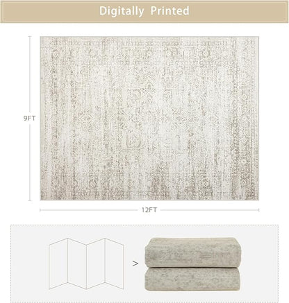 Washable Rugs 9x12 Area Rugs for Living Room,Rugs for Bedroom, Large Carpets,Ultra Soft Faux Wool Retro Dining Room Rug,Non Slip&Non-Shedding Low Pile Vintage Print Rug Indoor for Home Office
