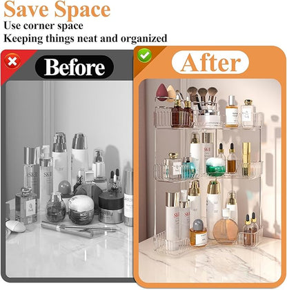 SUNZOS 3-Tier Corner Bathroom Counter Organizer, Bathroom Organizer Countertop with Makeup Brush Holder, Vanity Makeup Cosmetic Storage, Corner Storage for Kitchen, Dresser