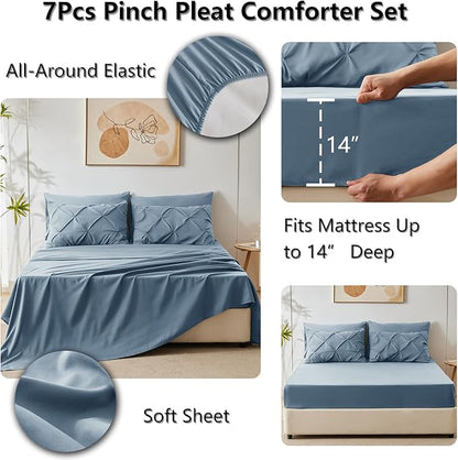 CozyLux Full Size Comforter Sets Mineral Blue, 7 Pieces Pintuck Bed in A Bag Blue Comforter Full Size, Pinch Pleat Bedding Sets with All Season Comforter, Flat Sheet, Fitted Sheet, Pillowcases & Shams