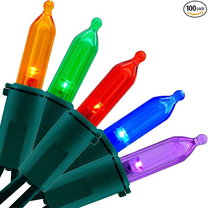 YULETIME Multicolor LED Christmas Lights with Green Wire, 33 ft 100 Count UL Certified Commercial Grade Holiday String Light Set (Multicolor - Green Wire)