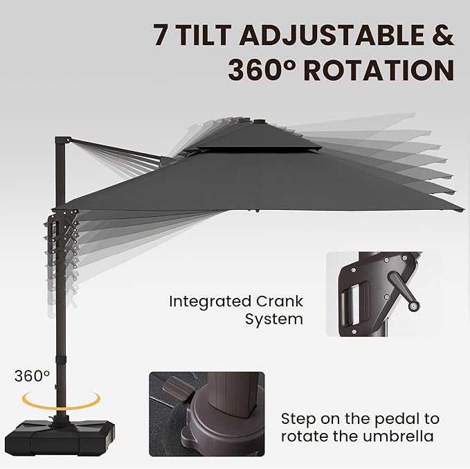 9' X 12' Cantilever Patio Umbrella Outdoor Heavy Duty Double Top Windproof Rectangle Offset Umbrellas with 360-degree Rotation for Pool Deck Backyard, Grey