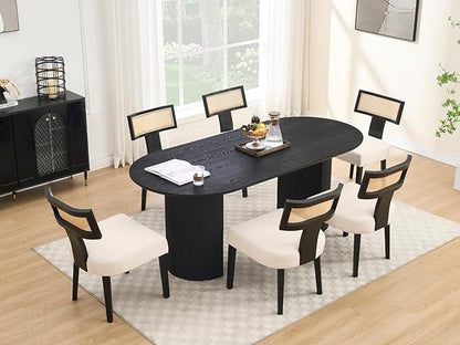 79" Modern Oval Dining Table, Farmhouse Round Wood Kitchen & Dining Room Table for 4-6 Seats, Wooden Strip Base, Home Desk with Easy-Clean Tabletop, Black