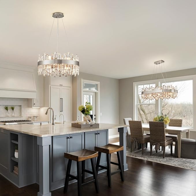 Siljoy 19.7'' Modern Crystal Chandelier for Dining Room, Luxury 2-Tiers K9 Crystal Raindrop Chandelier Flush Mount Dimmable Pendant Ceiling Light for Living Room Kitchen Island E12x12, Brushed Nickel