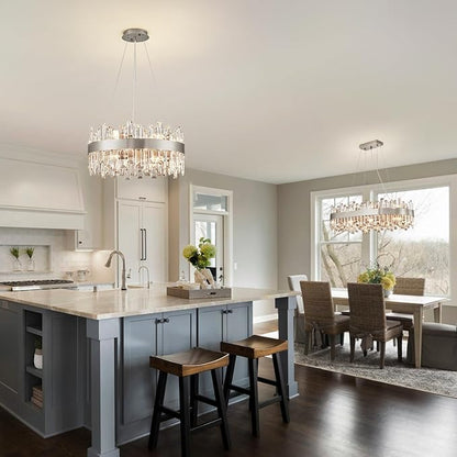 Siljoy 19.7'' Modern Crystal Chandelier for Dining Room, Luxury 2-Tiers K9 Crystal Raindrop Chandelier Flush Mount Dimmable Pendant Ceiling Light for Living Room Kitchen Island E12x12, Brushed Nickel