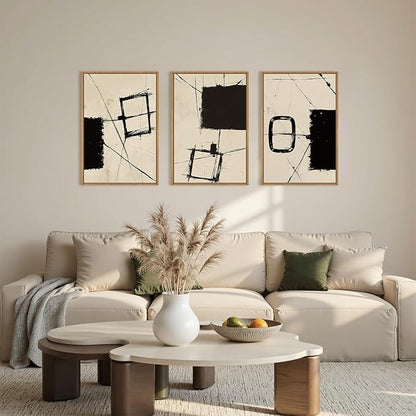 HOURIA Abstract Geometric Framed Canvas Wall Art Set,Black and Beige Brushstroke Wall Decor,Neutral Modern Wall Painting,Textured Line Drawing Art Prints for Living Room, Bedroom, Farmhouse-24 x36 x3
