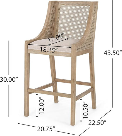 Merax 30" Fabric Upholstered Wood and Cane Barstools with Backrest,Set of 2,French Country Counter Stools Dining Chair