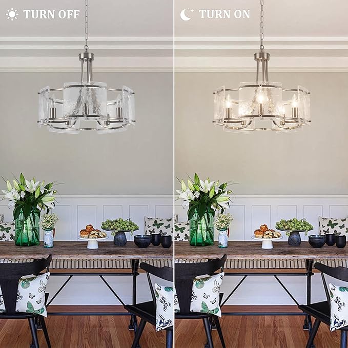 Modern Textured Glass Chandelier for Dining Room, 5-Light Brushed Nickel Crystal Chandeliers Light Fixture, Drum Round Rustic Farmhouse Chandelier for Kitchen Island Bedroom Living room Foyer，E12