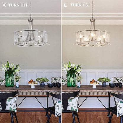 Modern Textured Glass Chandelier for Dining Room, 5-Light Brushed Nickel Crystal Chandeliers Light Fixture, Drum Round Rustic Farmhouse Chandelier for Kitchen Island Bedroom Living room Foyer，E12