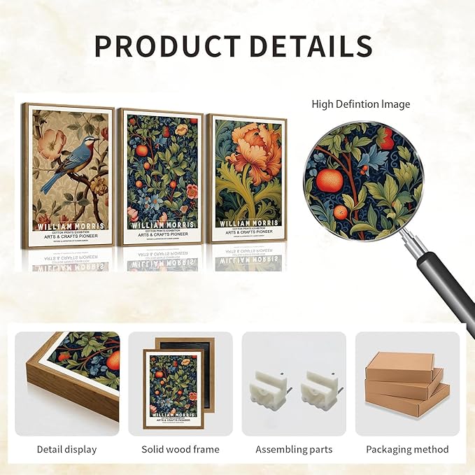 ILLBDR William Morris Framed Wall Art Vintage Bird Canvas Wall Art Set of 3 Colorful Floral Prints Botanical Artwork Classic Aesthetic Pictures Decor for Bedroom Living Room 16x24 Inch