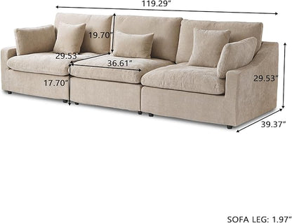 Cloud Couch Modular Sectional Sofa,119.2" 3Seater Wide Couch,Down Filled Convertible Living Room Set, Covers Washable&Replaceable,Khaki