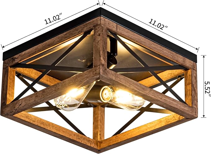 Flush Mount Ceiling Light Fixture for Kitchen Hallway, 2-Light Close to Ceiling Light with Black Metal and Wood Design, Rustic Farmhouse Ceiling (Bulb not Included)