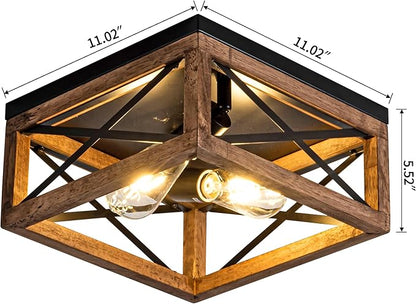 Flush Mount Ceiling Light Fixture for Kitchen Hallway, 2-Light Close to Ceiling Light with Black Metal and Wood Design, Rustic Farmhouse Ceiling (Bulb not Included)