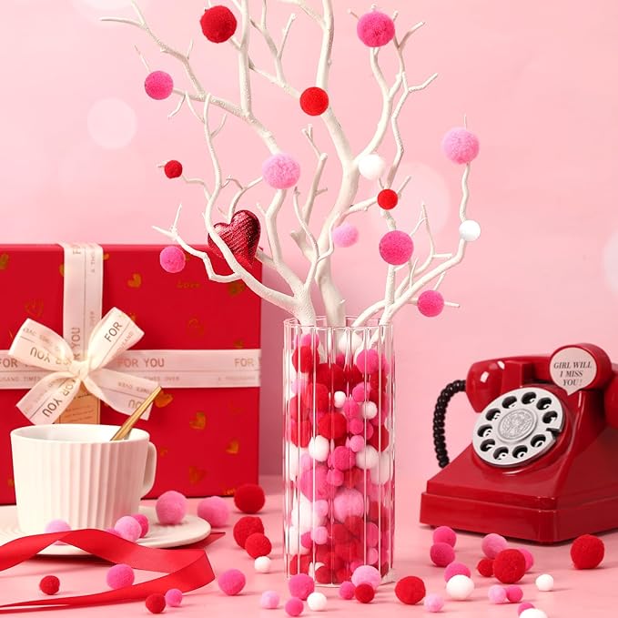 UPINS Valentine's Day Pom Poms Balls, 600 Pieces Pink Red Pom Poms Mixed Sizes Pompoms for Crafts Making DIY Wedding Valentine's Day Party Decorations Supplies (4 Colors)