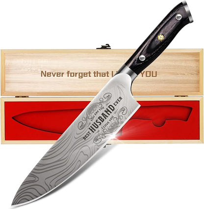 Gifts for Men Him Husband, 8 inch Professional German 1.4116 Chef Knife, Engraved Best Husband Ever Knife Gift, Anniversary Birthday Gift for Men, Christmas Fathers Days Husband Gifts