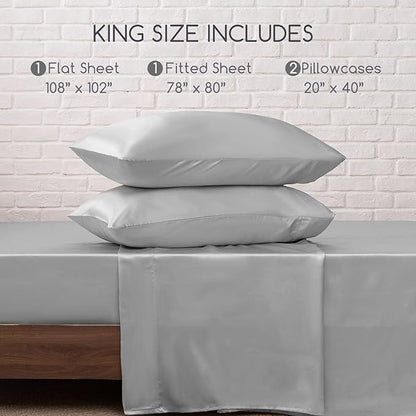 MR&HM Satin Bed Sheets, King Size Sheets Set, 4 Pcs Silky Bedding Set with 15 Inches Deep Pocket for Mattress (King, Silver Grey)