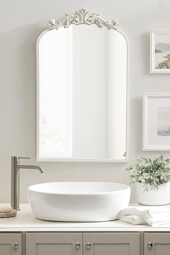 Kate and Laurel Arendahl Traditional Arch Wall Mirror; 19 x 31; Antique White; Vintage Glam Baroque-Inspired Arched Bathroom Vanity Mirror with Ornate Crown