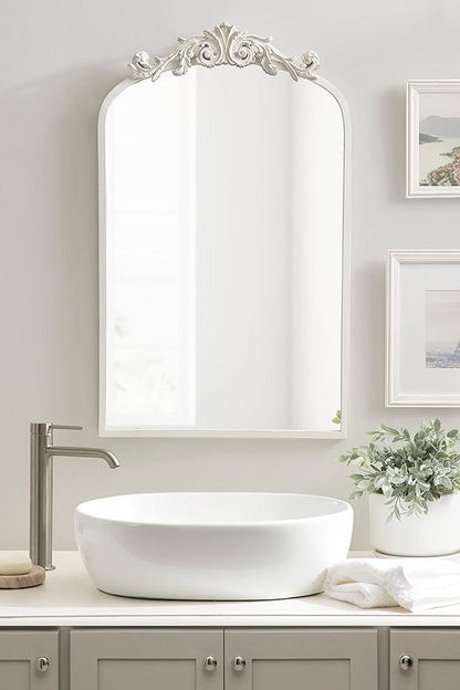 Kate and Laurel Arendahl Traditional Arch Wall Mirror; 19 x 31; Antique White; Vintage Glam Baroque-Inspired Arched Bathroom Vanity Mirror with Ornate Crown