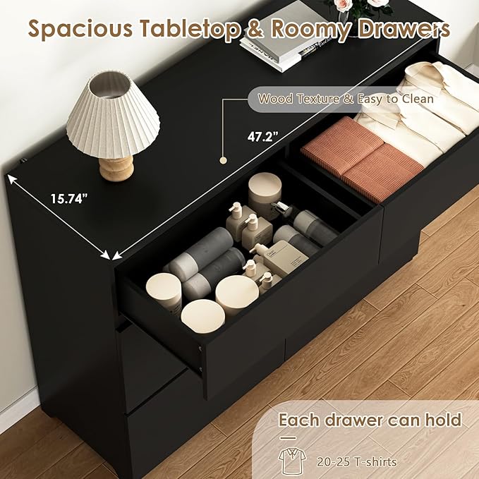 Dresser for Bedroom,Modern Large Wood Dresser,6 Chest of Drawers,Living Room,Hallway,Entryway,TV Stand Drawer Organizer(Black)