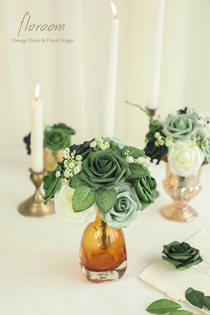 Floroom Artificial Flowers 50pcs Real Looking Elf Green Foam Fake Roses with Stems for DIY Wedding Bouquets Bridal Shower Centerpieces Sage Green Floral Arrangements Home Decorations