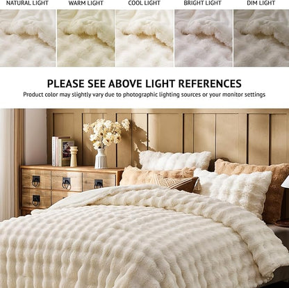 Lotus Karen Faux Fur King Comforter Set – Cream White Fluffy Comforter King Size, Big Bubble Faux Rabbit Fur Bedding Comforter Sets, Warm Cozy Fuzzy Bed Set 3 Pieces, 1 Comforter and 2 Pillowcases
