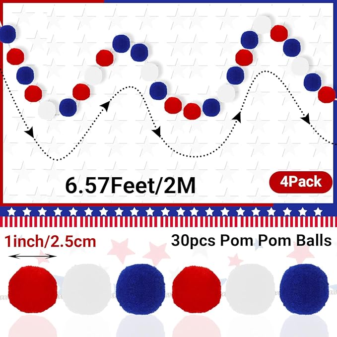 MARFOREVER 4 Pack 26.3 Feet 4th of July Pom Pom Garland Decorations, Red White Blue 30 Balls Independence Day Felt Ball Garland Patriotic Hanging Supplies for Memorial Day Labor Day Party Home Decor