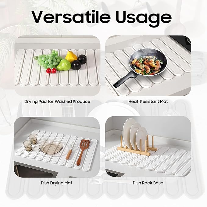 Stone Dish Drying Mat for Kitchen Counter, Quick Dry Stone Mat Kitchen for Dishes Bottles Cups, Large Foldable Diatomaceous Earth Dish Drying Mats Match Any Countertop, White