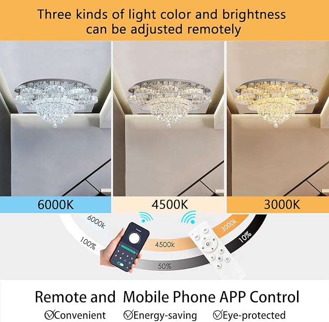 Modern Chandelier Living Room Glam Chandeliers Ceiling Light Fixture Remote Dimmable Lights 32 Inches Luxury Crystal Silver Light