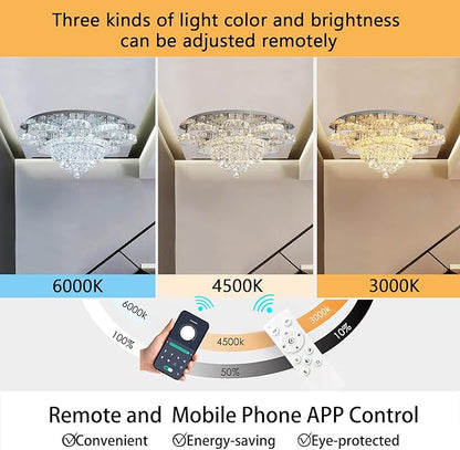 Modern Chandelier Living Room Glam Chandeliers Ceiling Light Fixture Remote Dimmable Lights 32 Inches Luxury Crystal Silver Light