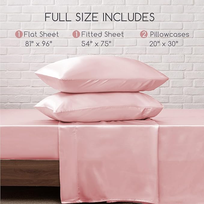 MR&HM Satin Bed Sheets, Full Size Sheets Set, 4 Pcs Silky Bedding Set with 15 Inches Deep Pocket for Mattress (Full, Light Pink)