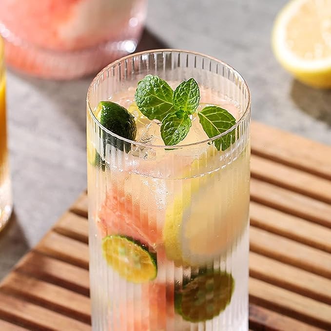 Striped Glass Cups Set of 4b12.5oz Textured Drinking Glasses Durable Thick Glassware for Juice Iced Tea & Smoothies