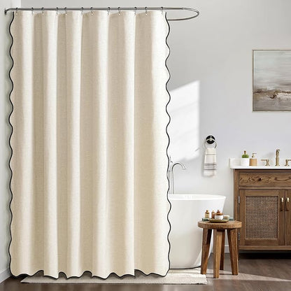 MIULEE 84" Long Scalloped Shower Curtain Linen Textured with 12 Metal Hooks Cute Extra Long Heavy Duty Washable Waterproof Cloth Curtains with Black Border for Bathroom Hotel Bathtub,Ivory