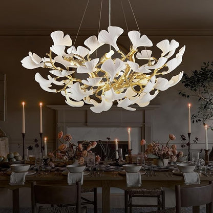 10-Light Gold Tree Branches Chandeliers, 32''Modern Round Ceramic Ginkgo Leaf Chandelier, Dining Room Chandelier Over Table, for Living, Foyer, Kitchen, Bedroom