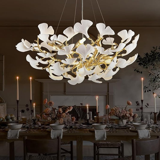 10-Light Gold Tree Branches Chandeliers, 32''Modern Round Ceramic Ginkgo Leaf Chandelier, Dining Room Chandelier Over Table, for Living, Foyer, Kitchen, Bedroom