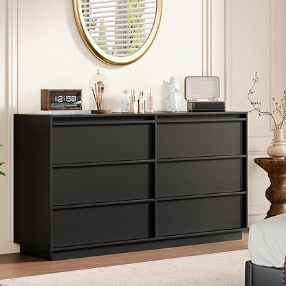55.12" Modern Chest of Drawer, 6 Deep Drawers,Clothes Organizer,Large Storage Cabinet for Living Room, Bedroom,Dresser TV Stand, Wood Drawer Organizer for Living Room, Hallway,Black