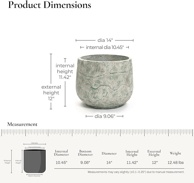 LuxenHome 14" Dia Rustic Weathered Cement Round Planter, Large Outdoor Indoor Plant Pot with Drainage Hole and Rubber Plug, Distressed Decorative Flower Pot for Home Garden Patio Porch