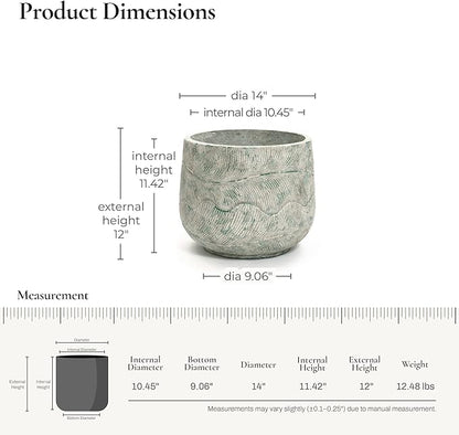 LuxenHome 14" Dia Rustic Weathered Cement Round Planter, Large Outdoor Indoor Plant Pot with Drainage Hole and Rubber Plug, Distressed Decorative Flower Pot for Home Garden Patio Porch