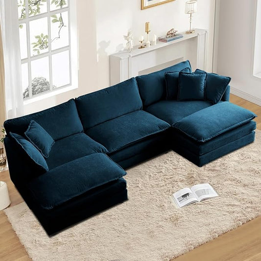 SoarFlash Chenille Sectional Sofa, Comfy L Shaped Modular Coush Sofa with Ottoman, Modern 3 Seat Couch Deep Seat Sofa Set for Living Room,Deep Blue