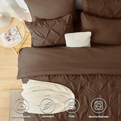 CozyLux Queen Comforter Set Brown, 7 Pieces Pintuck Bed in A Bag, Premium Brown Comforter Queen Size, Pinch Pleat Bedding Sets with Comforter, Sheets, Pillowcases & Shams