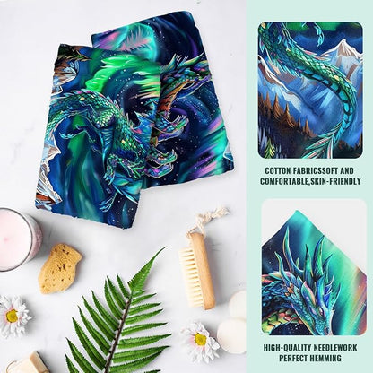 Dragon Kitchen Towels Set of 2 Fantasy Night Sky Mountain Northern Lights Dish Towels Holiday Tabletop Decor Dragon