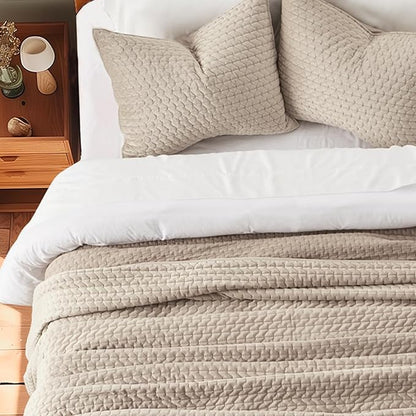 EVERGRACE Luxury Velvet Quilt Set Queen Size 3 Piece, Soft Cross-Stitch Velvet Comforter Set with Pillow Shams, Lightweight Coverlet Bedspread Bedding Set for All Seasons, Light Taupe