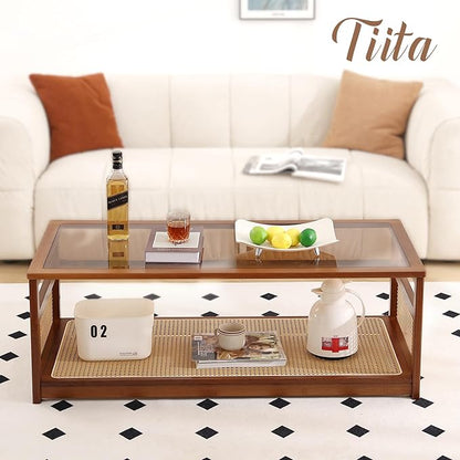 Tiita Coffee Tables for Living Room，Mid Century Modern Storage 2-Tier Coffee Tables，Rattan Glass RectangleTables，Suitable for Living Room Apartment, Large, Brown