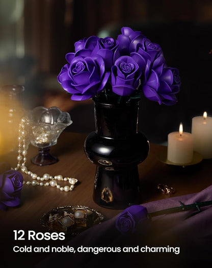 iATOM Purple Rose Bouquet Building Set, Compatible with Lego Flowers for Adults Women, Botanical Collection Gift for Halloween & Valentines Day - Artificial Plant Gothic Home Decor - IA11017