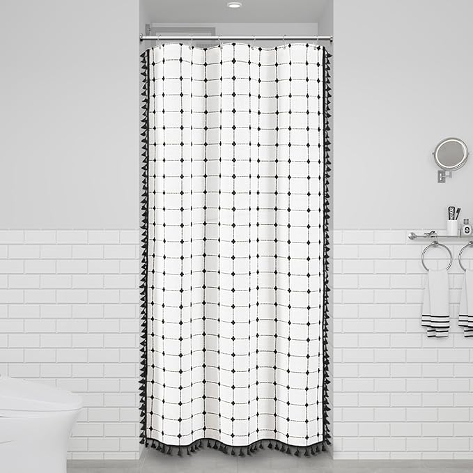 BTTN Boho Shower Stall Curtain - 36x72 Narrow Linen Ultra Thick Tassel Fabric Cloth Shower Curtain Set with 6 Plastic Hooks, Half Modern Farmhouse Country Shower Curtains for Bathroom, White and Black