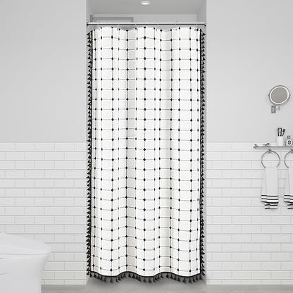 BTTN Boho Shower Stall Curtain - 36x72 Narrow Linen Ultra Thick Tassel Fabric Cloth Shower Curtain Set with 6 Plastic Hooks, Half Modern Farmhouse Country Shower Curtains for Bathroom, White and Black