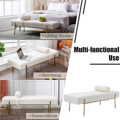 Modern End of Bed Bench, Upholstered Entryway Bench with Detachable Pillow for Living Room, Faux Fur Ottoman Bench with Gold Metal Legs, Comfy Cushion Bedroom Decoration Benches (White)
