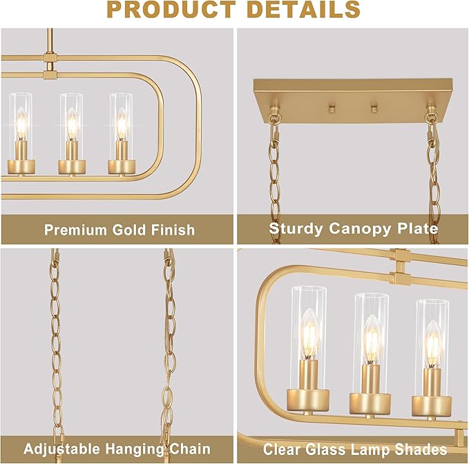 Dining Room Light Fixture, 36" Gold Island Lights for Kitchen Modern Linear Chandelier 6 Lights Farmhouse Chandelier Large Pendant Light, Industrial Chandeliers for Dining Room, Clear Glass