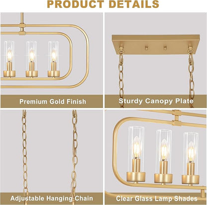 Dining Room Light Fixture, 36" Gold Island Lights for Kitchen Modern Linear Chandelier 6 Lights Farmhouse Chandelier Large Pendant Light, Industrial Chandeliers for Dining Room, Clear Glass