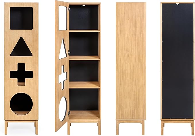 WERMO 18’’ Showcase Display Cabinet with Geometric Cut-Out Doors - Modern Curio Cabinet for Dining Room, Living Room, Entryway. Trophy Case and Collectible Display Case Wood with Door & Storage Consoles (Oak)