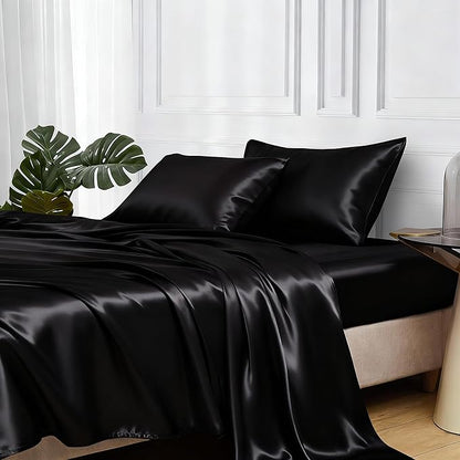 MR&HM Satin Sheets King Size with Elastic Corner Straps, 4-Piece Silky Bedding Set, Deep Pocket 15 Inches, Good for Hair & Skin (King, Black)